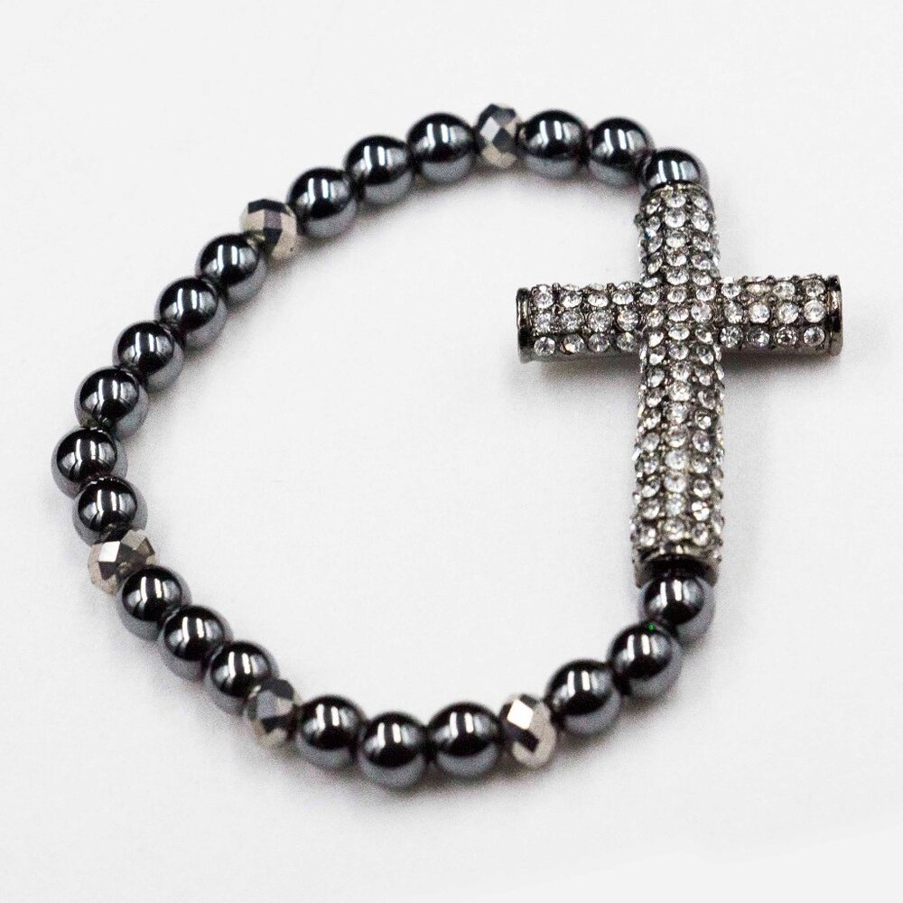 HEMATITE BEAD & PAVE GLASS CRYSTAL CROSS STRETCH BRACELET - JBHCMC1